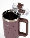 Bouteille thermos marron en acier inoxydable avec des petits cœurs