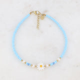 Pulsera de tobillo: flor, perlas de agua dulce, perlas I cielo