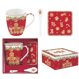 COFFRET 1 MUG 30CL+CUILLERE EN PORCELAINE + DESSOUS DE VERRE FANCY GINGERBREAD