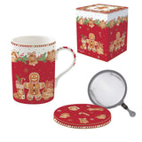 COFFRET TISANIERE 35CL EN PORCELAINE AVEC FILTRE INOX FANCY GINGERBREAD