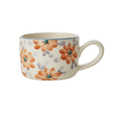 Ceramic Cappuccino Cup with Hand-painted Flowers - Orange