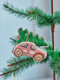 Christmas Fabric Ornament with Beads - Car with Tree Shape