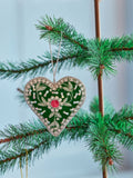 Christmas Fabric Ornament with Beads - Heart Shape - Green