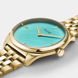 Féroce Petite Watch Steel, Leaf Texture Pool Blue, Gold Colour