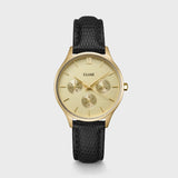 Midnight Multifunction Watch Leather, Black Lizard, Gold Color