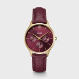 Minuit Multifunction Watch Leather, Dark Cherry Lizard, Gold Color 