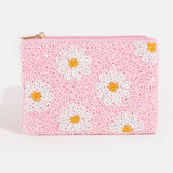 Porte-monnaie perlé à graines roses de fleurs de marguerite: MULTI