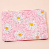Porte-monnaie perlé à graines roses de fleurs de marguerite: MULTI