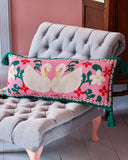 Rectangular Knitted Cushion with Swans and Tassels - Pink