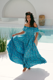 Claudette Jaase maxi dress in Ocean Eyes print with gathered bustier and balloon sleeves: L